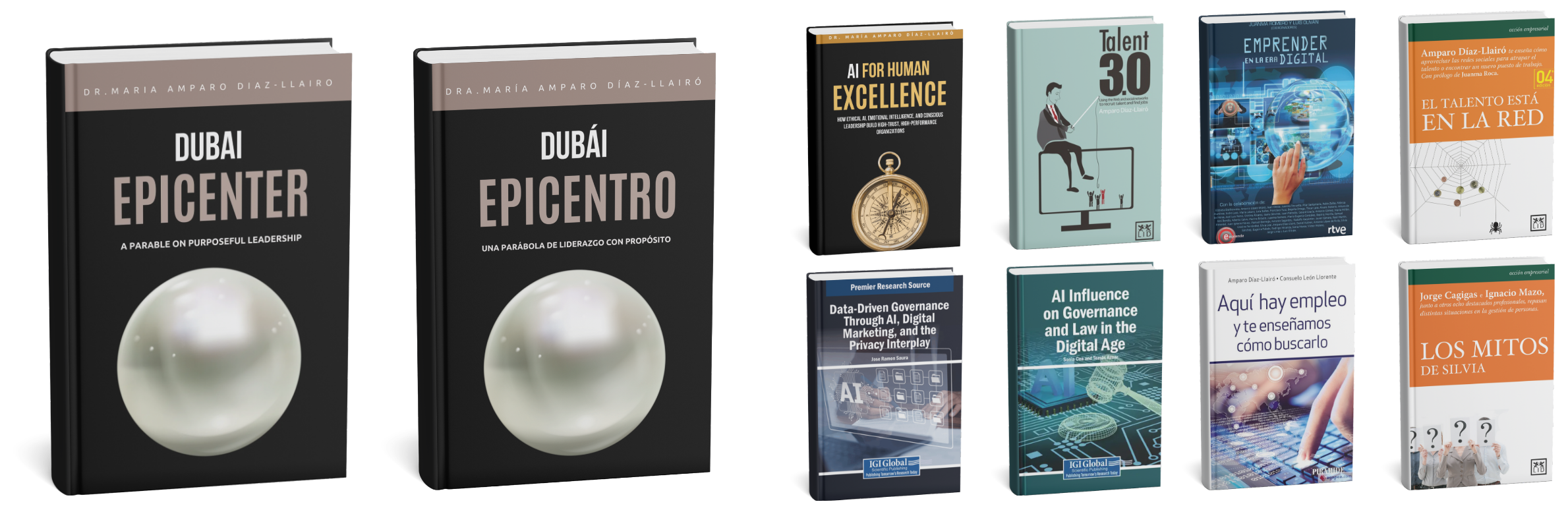 Published books and collaborations by Dr. M. Amparo Díaz-Llairó, including Dubai Epicenter and her other works